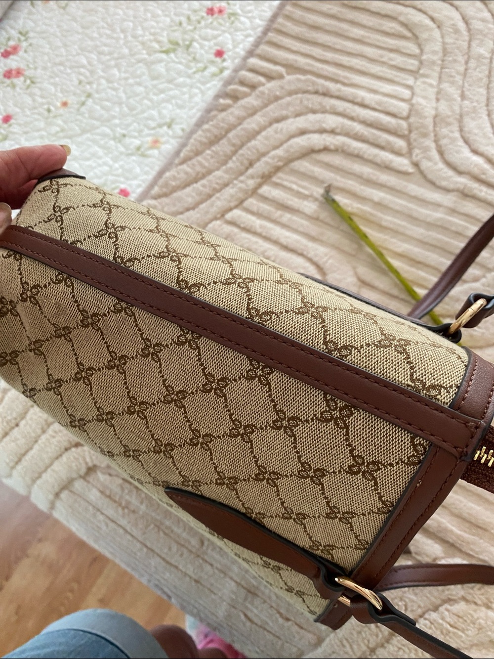 Nine West Brown Monogram-Style Tote with Tan Canvas - Picture 11 of 12